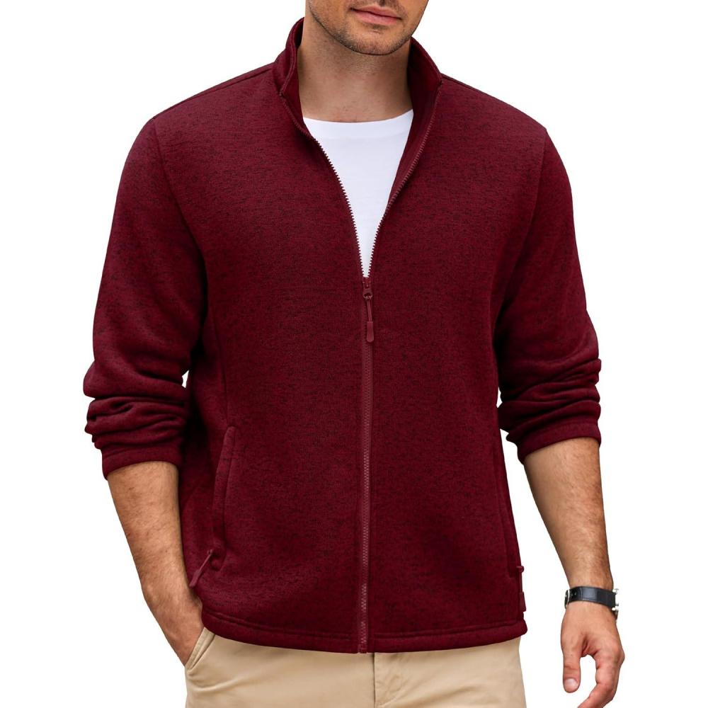 imageCOOFANDY Mens Fleece Jacket Zip Up Lightweight Sweater Jackets Casual Warm with Pockets for Home Office HikingRed