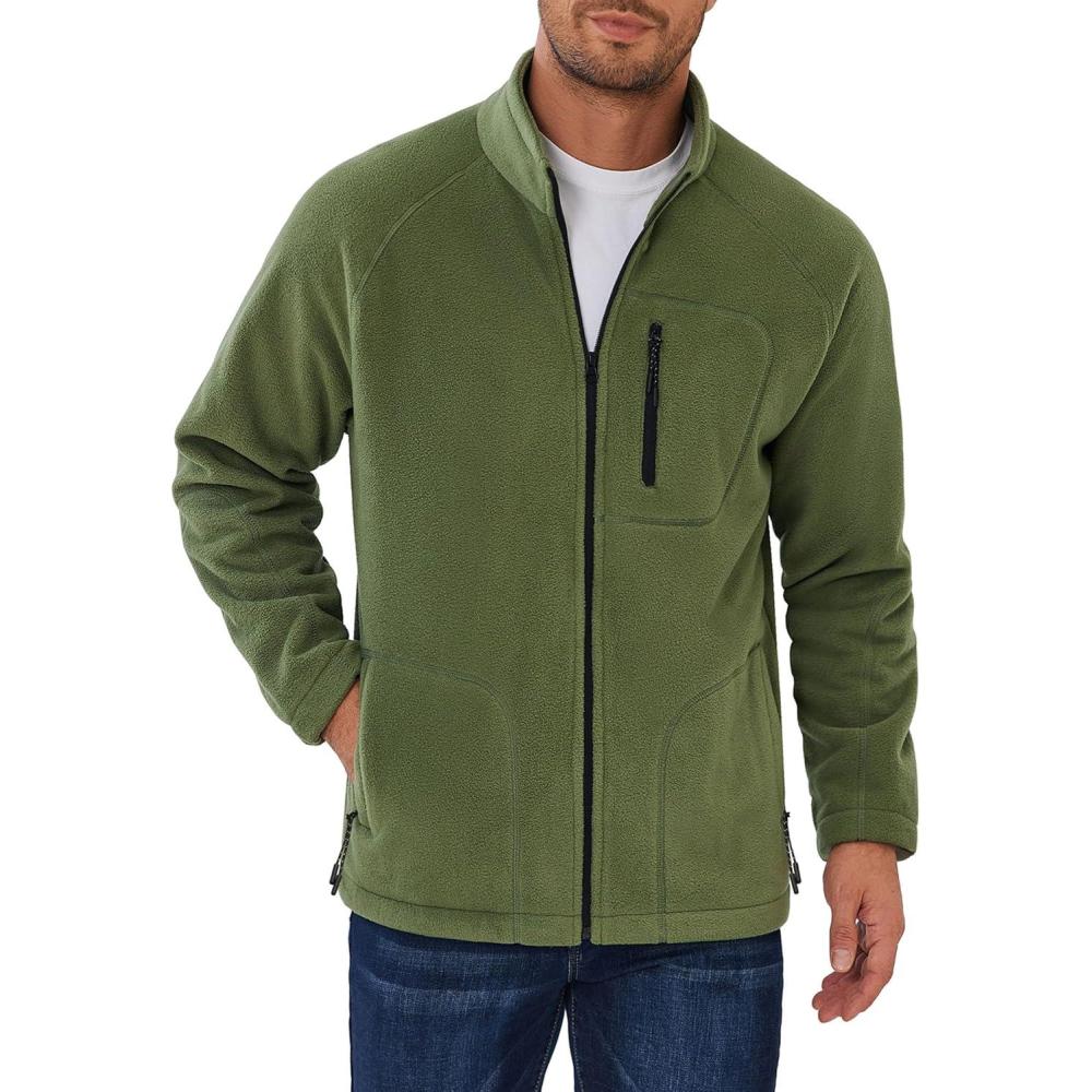 imageCOOFANDY Mens Fleece Jackets Full Zip Raglan Long Sleeve Lightweight Casual Outdoor Warm Jacket Coat with PocketsArmy Green