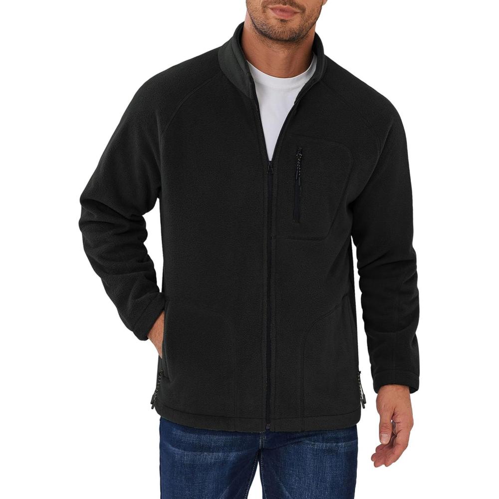 imageCOOFANDY Mens Fleece Jackets Full Zip Raglan Long Sleeve Lightweight Casual Outdoor Warm Jacket Coat with PocketsBlack