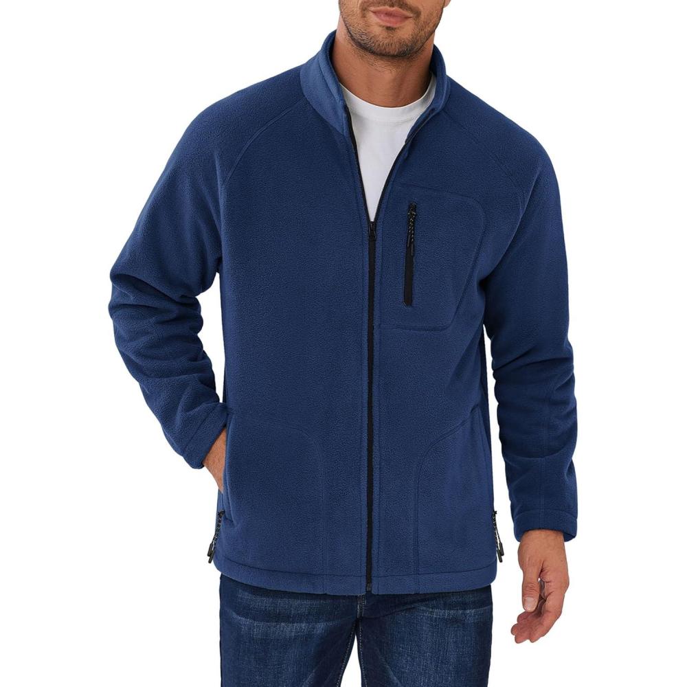 imageCOOFANDY Mens Fleece Jackets Full Zip Raglan Long Sleeve Lightweight Casual Outdoor Warm Jacket Coat with PocketsDark Blue