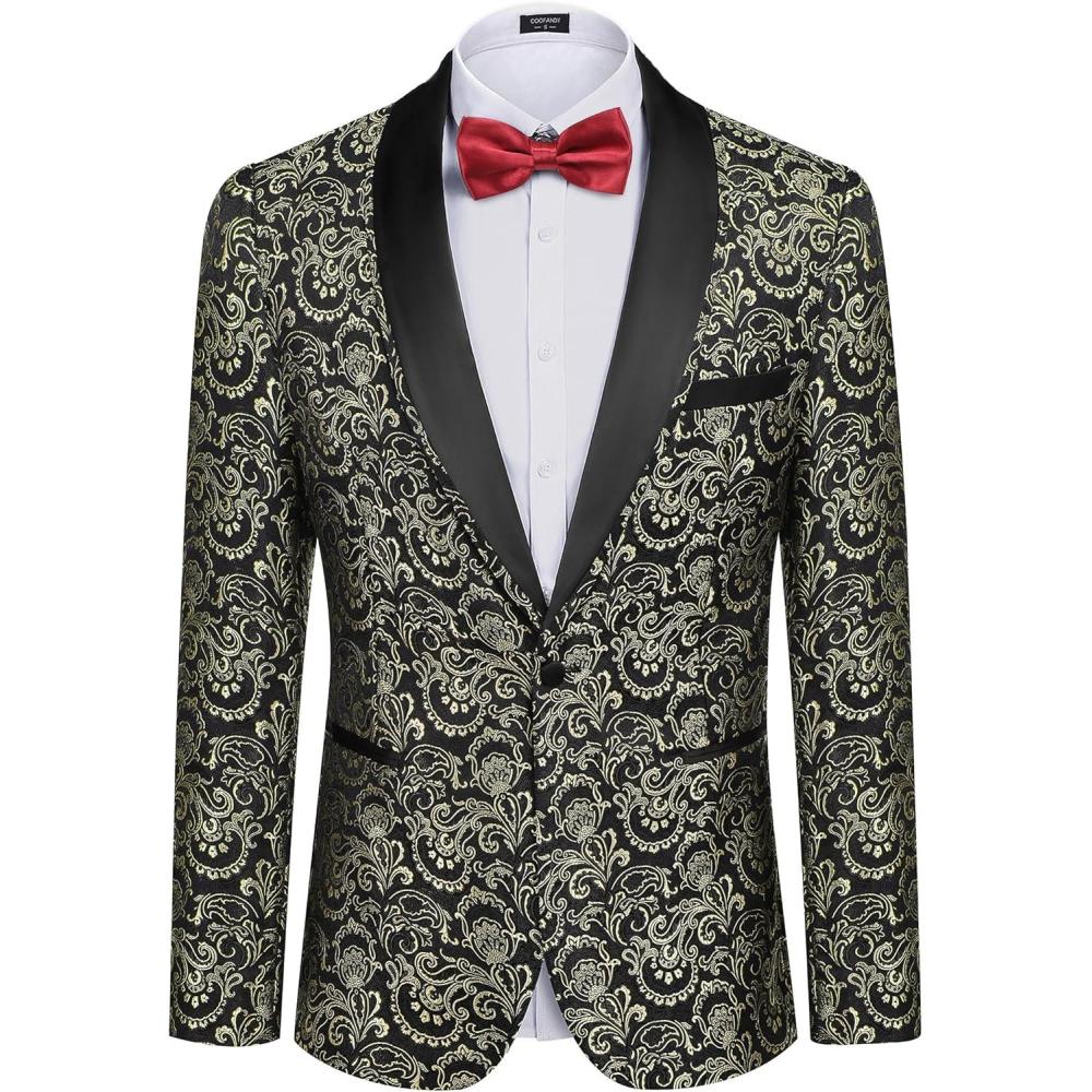 imageCOOFANDY Mens Floral Tuxedo Suit Jacket Slim Fit Dinner Jacket Party Prom Wedding Blazer JacketsGolden Paisley Pattern