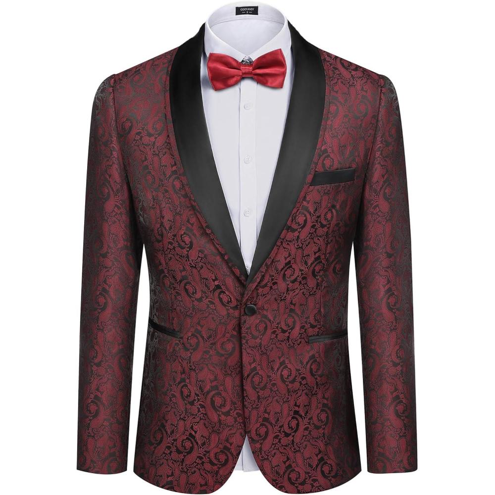 imageCOOFANDY Mens Floral Tuxedo Suit Jacket Slim Fit Dinner Jacket Party Prom Wedding Blazer JacketsRed Black