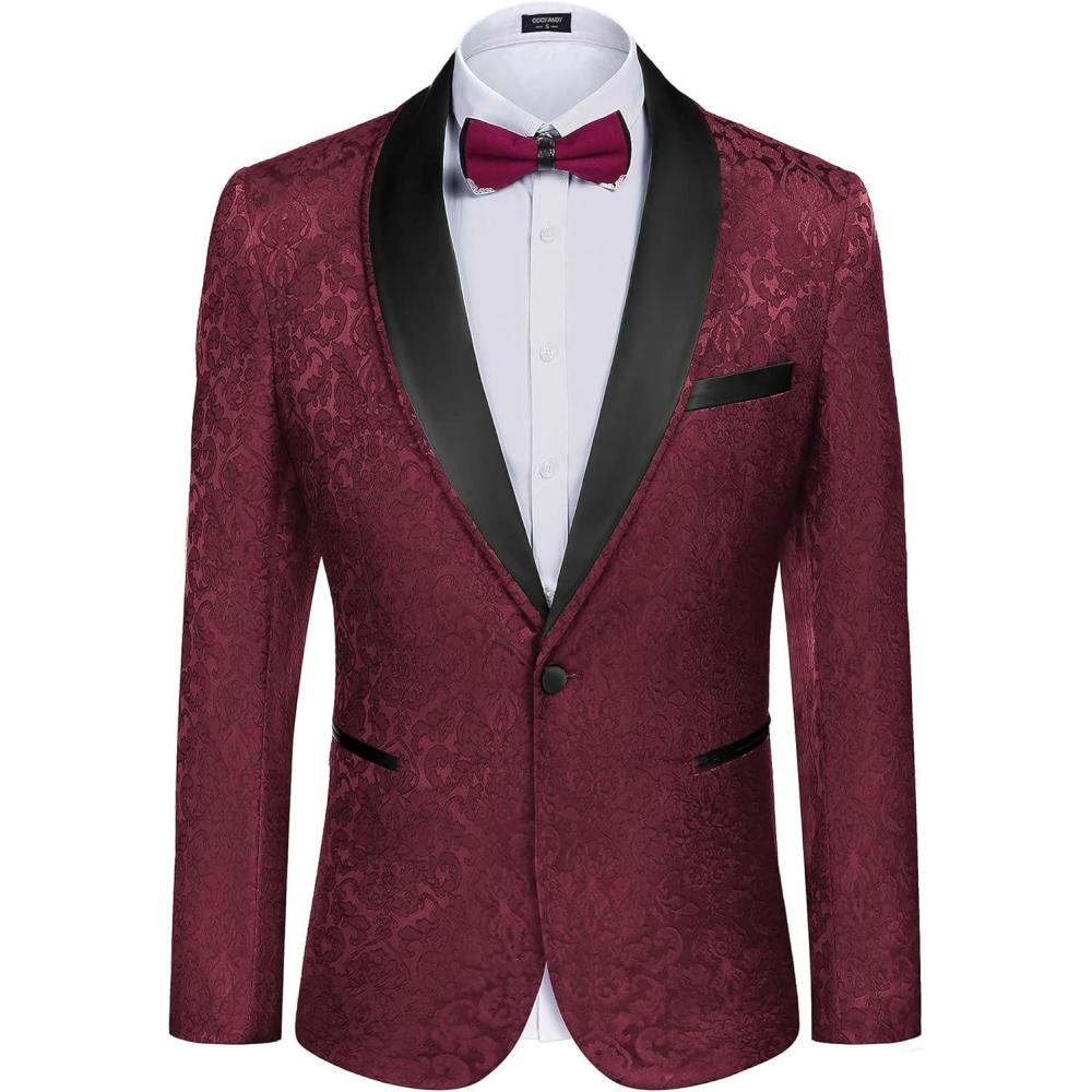 imageCOOFANDY Mens Floral Tuxedo Suit Jacket Slim Fit Dinner Jacket Party Prom Wedding Blazer JacketsWine Red