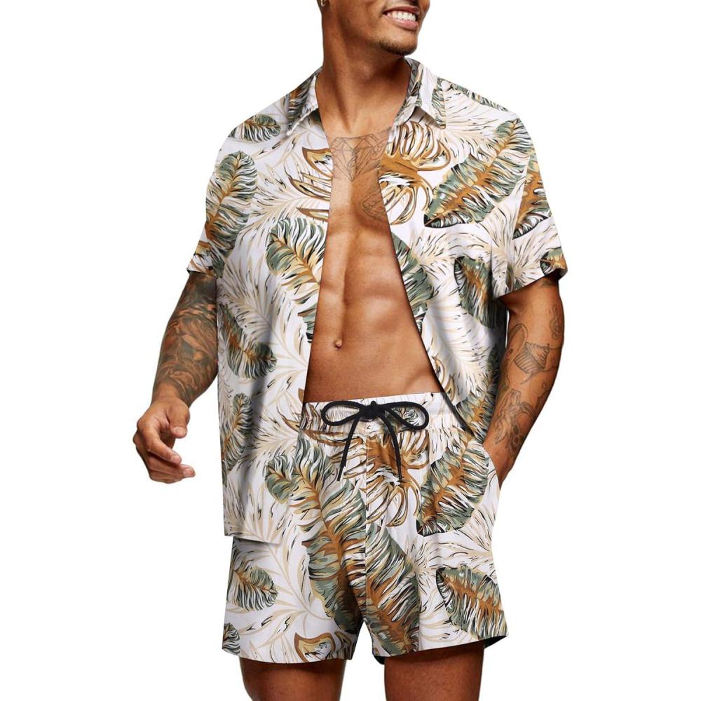imageCOOFANDY Mens Hawaiian Matching Set Summer Beach 2 Piece Outfits Flower Button Down Shirts and Shorts Vacation Outfits2 Navy Blue