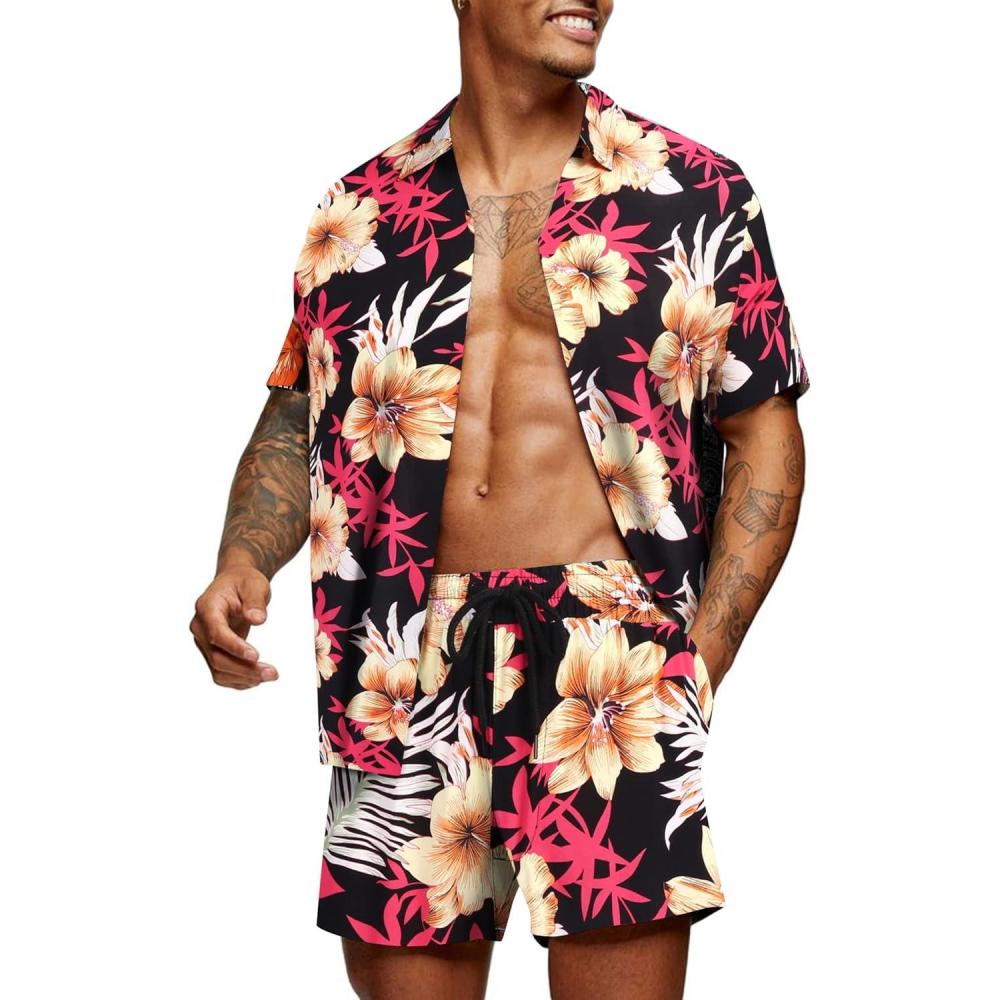 imageCOOFANDY Mens Hawaiian Matching Set Summer Beach 2 Piece Outfits Flower Button Down Shirts and Shorts Vacation OutfitsBlack Orange Flower