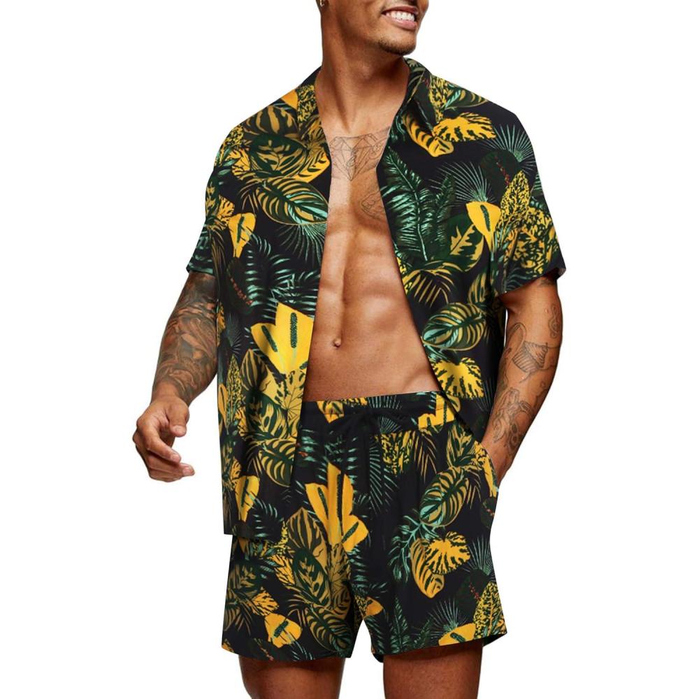 imageCOOFANDY Mens Hawaiian Matching Set Summer Beach 2 Piece Outfits Flower Button Down Shirts and Shorts Vacation OutfitsBlack
