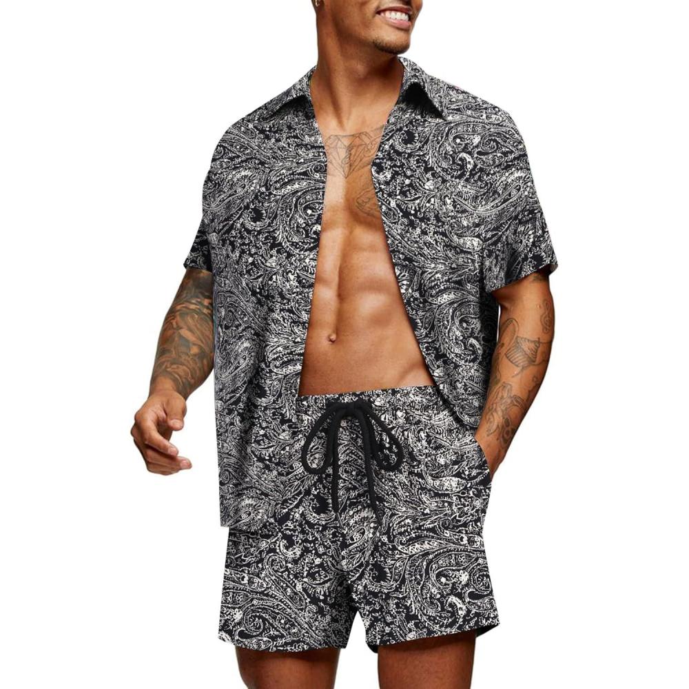 imageCOOFANDY Mens Hawaiian Matching Set Summer Beach 2 Piece Outfits Flower Button Down Shirts and Shorts Vacation OutfitsBlack Paisley