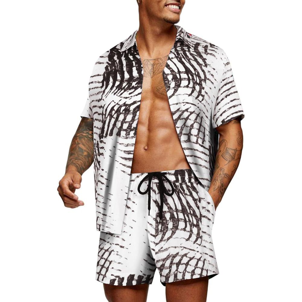 imageCOOFANDY Mens Hawaiian Matching Set Summer Beach 2 Piece Outfits Flower Button Down Shirts and Shorts Vacation OutfitsBlack and White Stripes