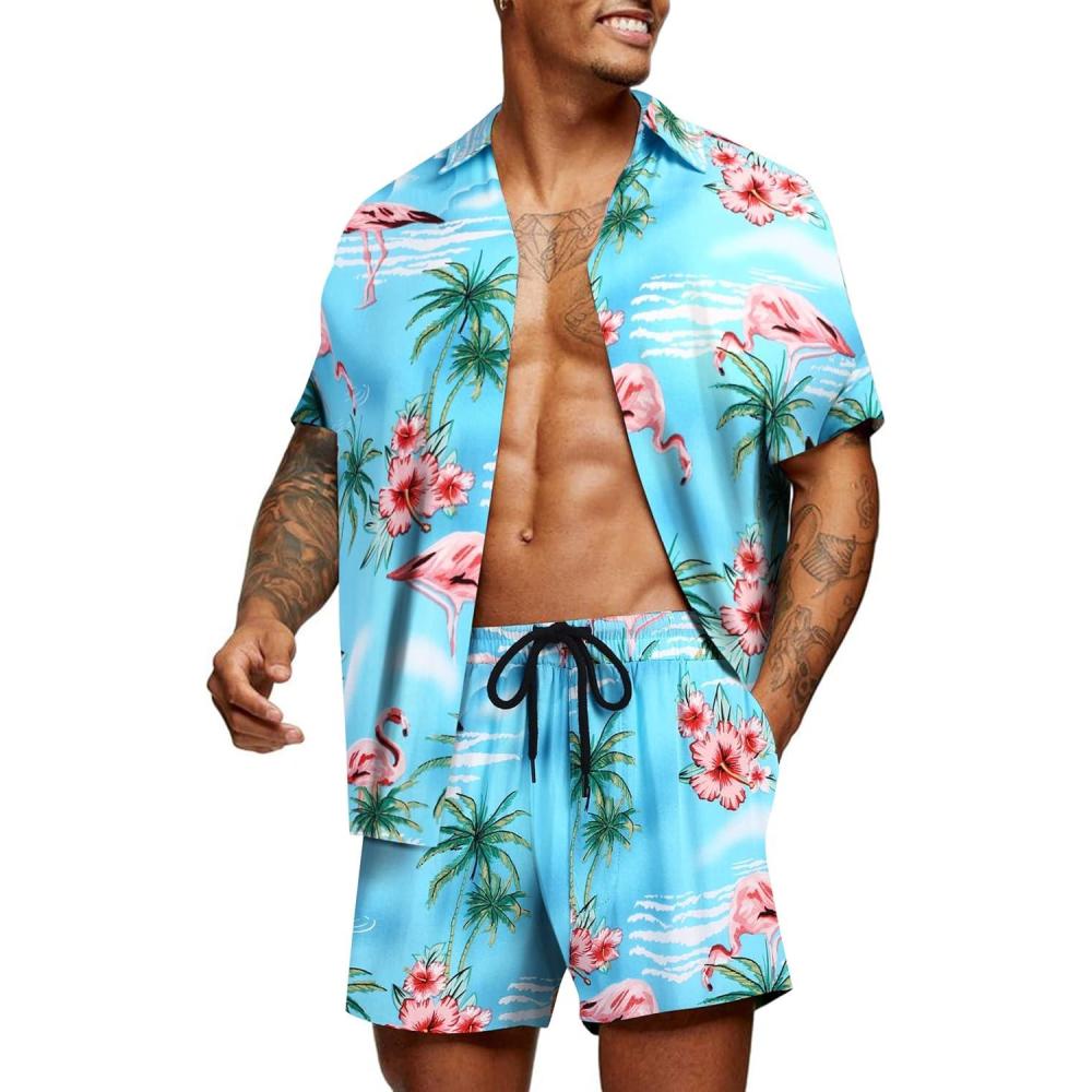 imageCOOFANDY Mens Hawaiian Matching Set Summer Beach 2 Piece Outfits Flower Button Down Shirts and Shorts Vacation OutfitsBlue
