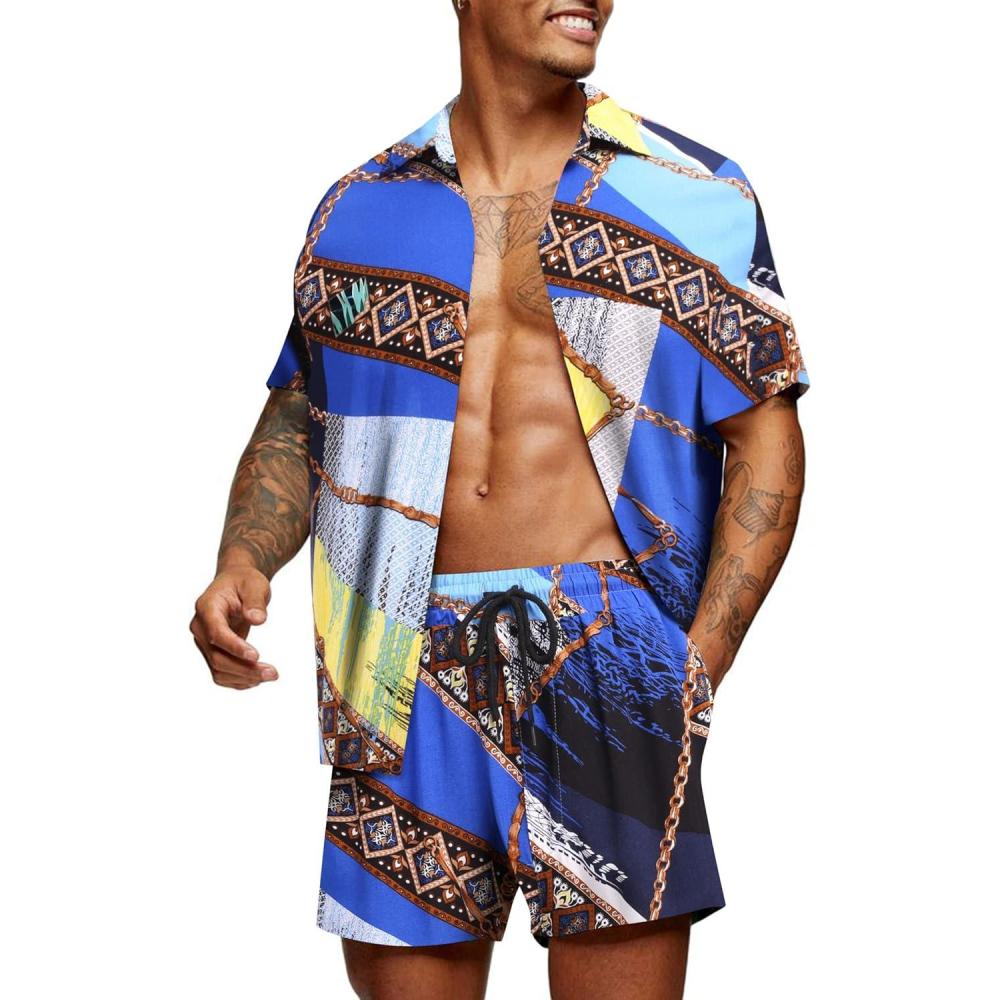 imageCOOFANDY Mens Hawaiian Matching Set Summer Beach 2 Piece Outfits Flower Button Down Shirts and Shorts Vacation OutfitsBlue Chain