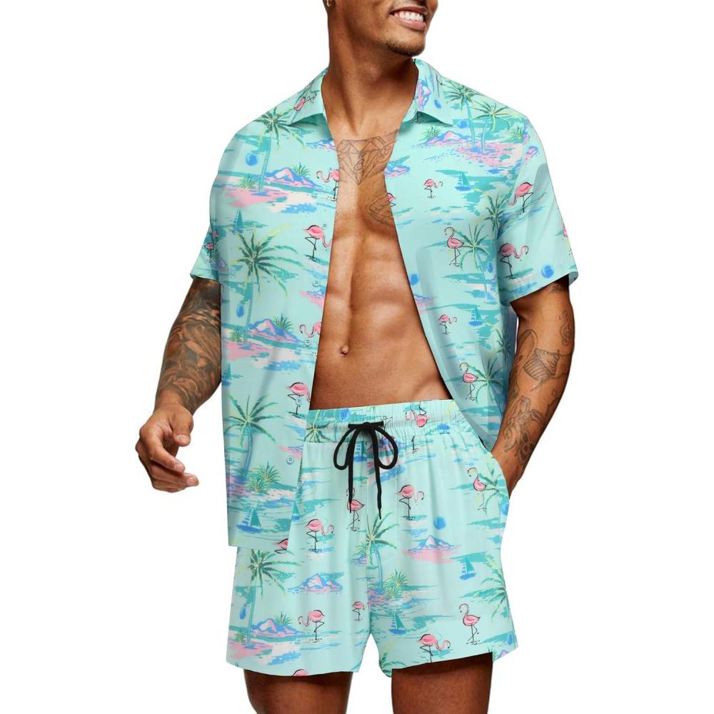 imageCOOFANDY Mens Hawaiian Matching Set Summer Beach 2 Piece Outfits Flower Button Down Shirts and Shorts Vacation OutfitsCoconut Tree