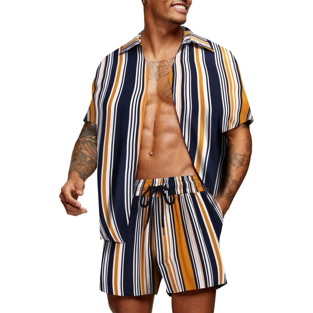 imageCOOFANDY Mens Hawaiian Matching Set Summer Beach 2 Piece Outfits Flower Button Down Shirts and Shorts Vacation OutfitsDark Yellow Stripes