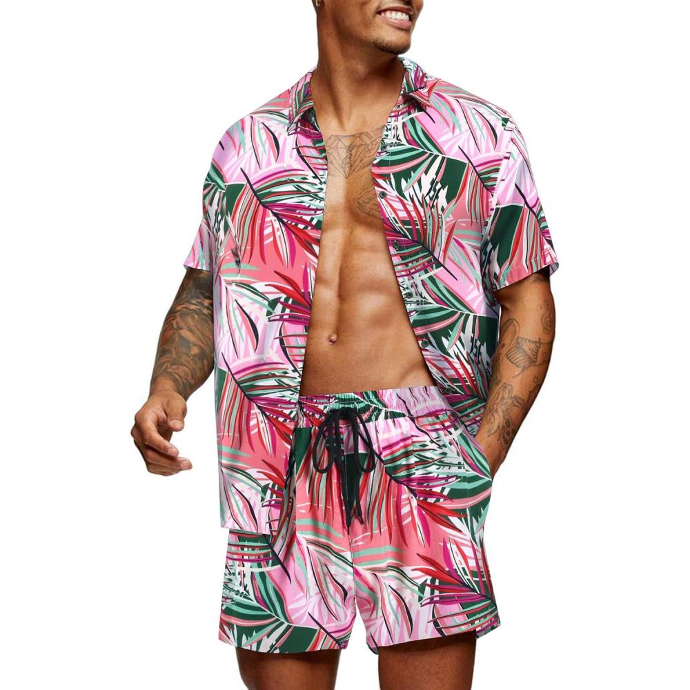 imageCOOFANDY Mens Hawaiian Matching Set Summer Beach 2 Piece Outfits Flower Button Down Shirts and Shorts Vacation OutfitsGreen Wonderland