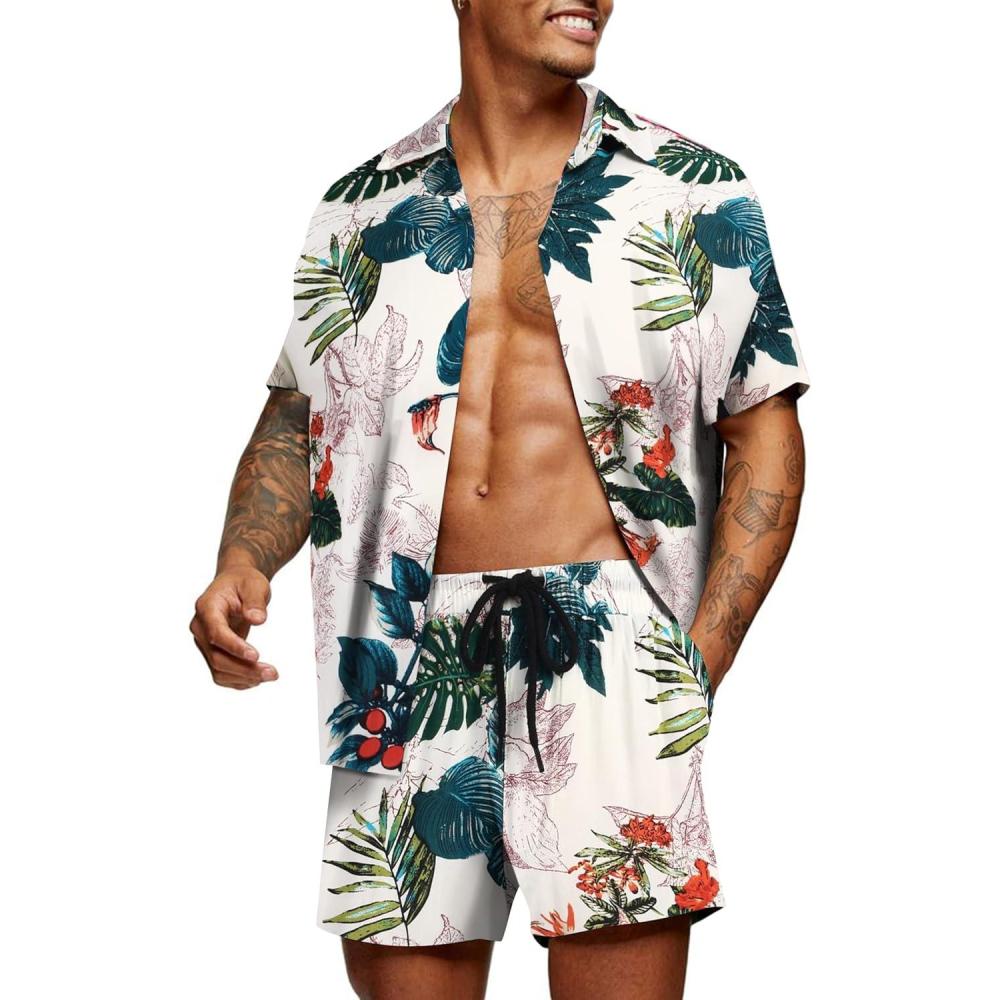 imageCOOFANDY Mens Hawaiian Matching Set Summer Beach 2 Piece Outfits Flower Button Down Shirts and Shorts Vacation OutfitsLeaves