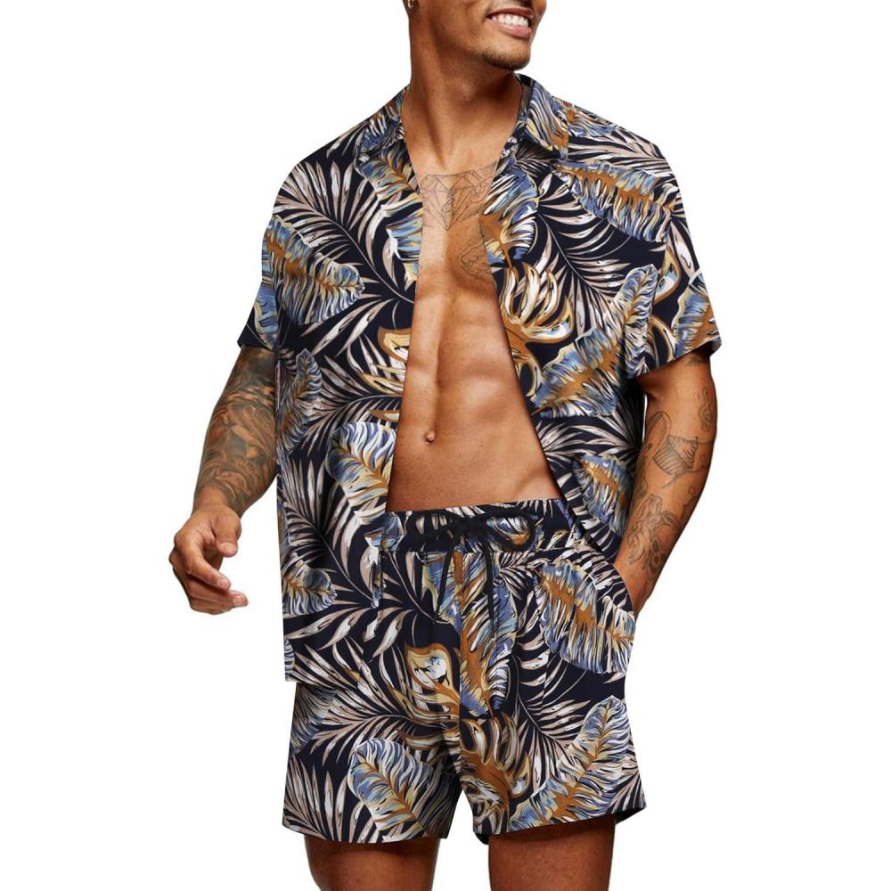 imageCOOFANDY Mens Hawaiian Matching Set Summer Beach 2 Piece Outfits Flower Button Down Shirts and Shorts Vacation OutfitsMulticolor