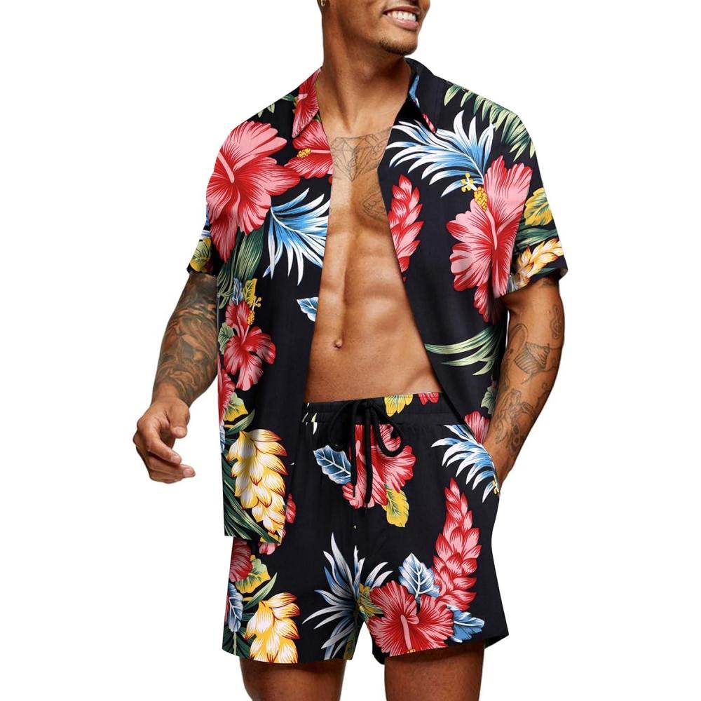 imageCOOFANDY Mens Hawaiian Matching Set Summer Beach 2 Piece Outfits Flower Button Down Shirts and Shorts Vacation OutfitsNavy Red