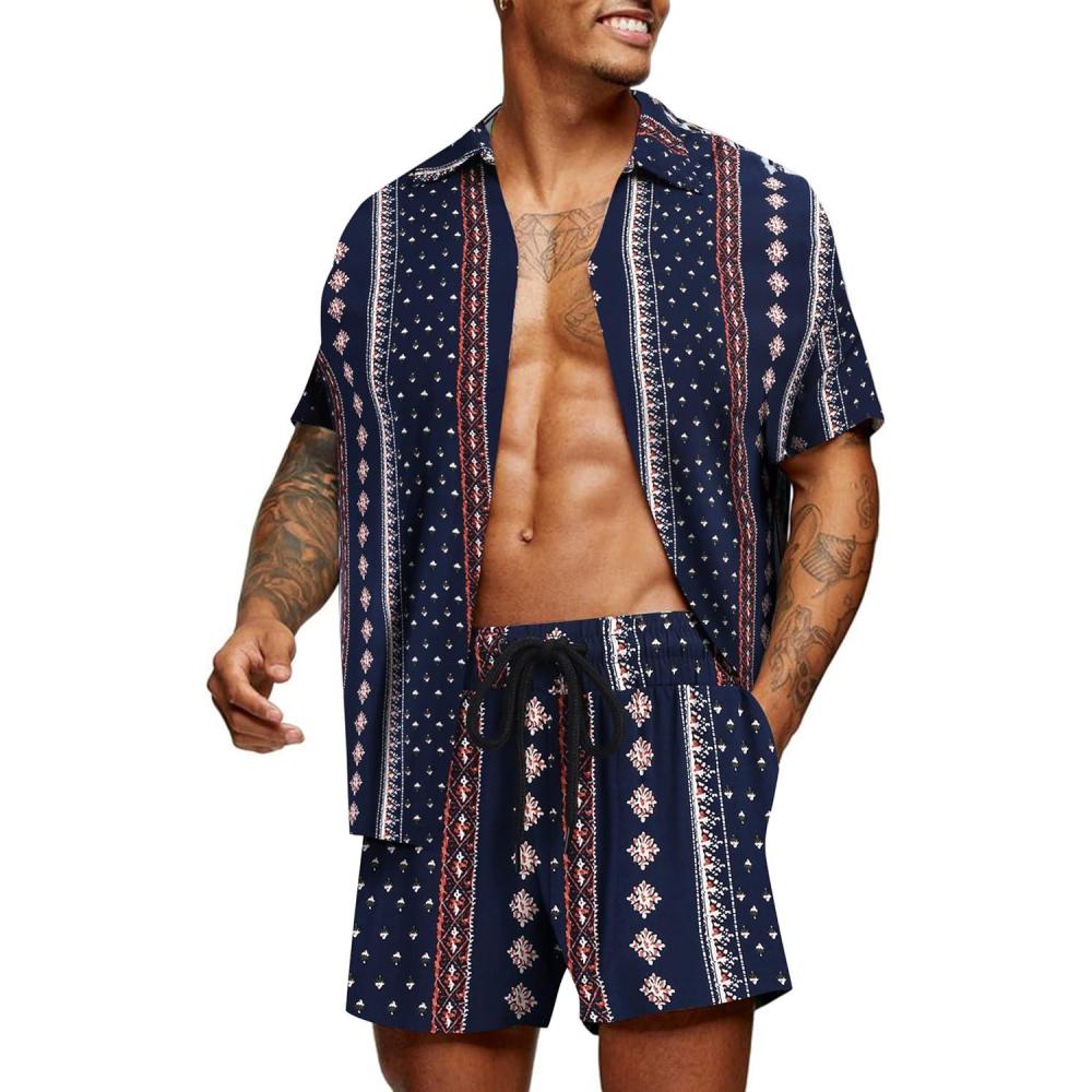 imageCOOFANDY Mens Hawaiian Matching Set Summer Beach 2 Piece Outfits Flower Button Down Shirts and Shorts Vacation OutfitsNavy