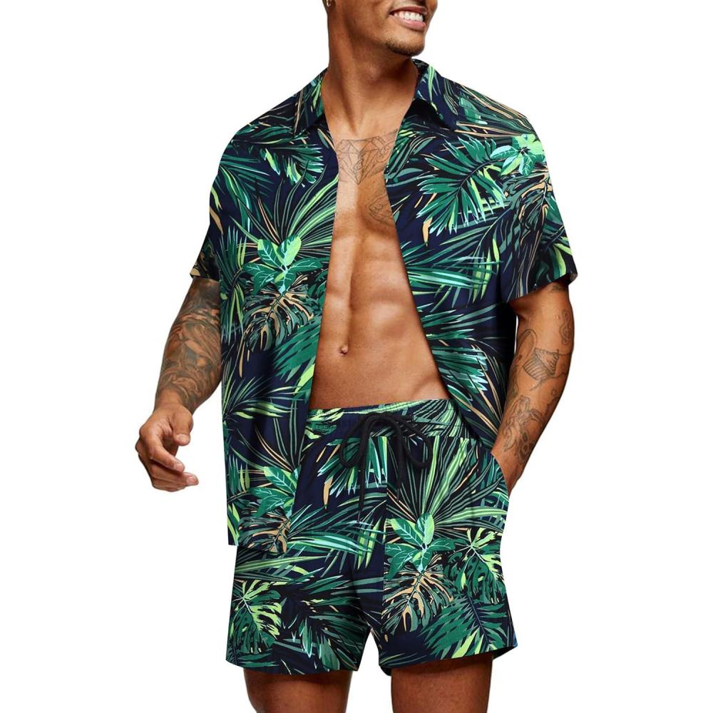 imageCOOFANDY Mens Hawaiian Matching Set Summer Beach 2 Piece Outfits Flower Button Down Shirts and Shorts Vacation OutfitsNavy Blue  Green