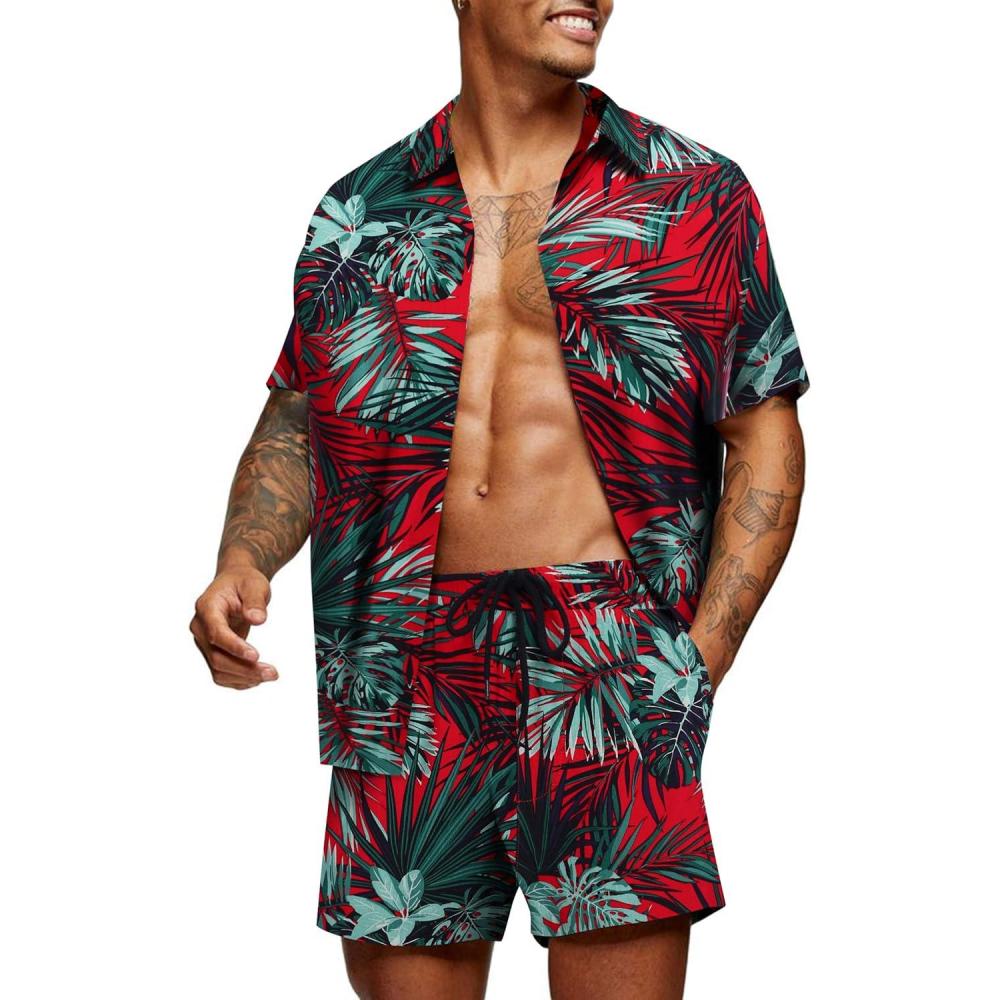 imageCOOFANDY Mens Hawaiian Matching Set Summer Beach 2 Piece Outfits Flower Button Down Shirts and Shorts Vacation OutfitsRed Leaves