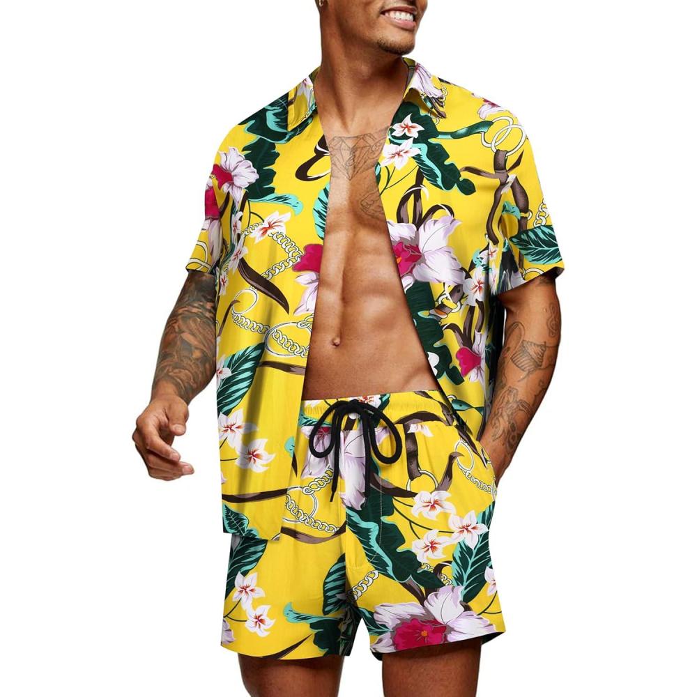 imageCOOFANDY Mens Hawaiian Matching Set Summer Beach 2 Piece Outfits Flower Button Down Shirts and Shorts Vacation OutfitsYellow Flower