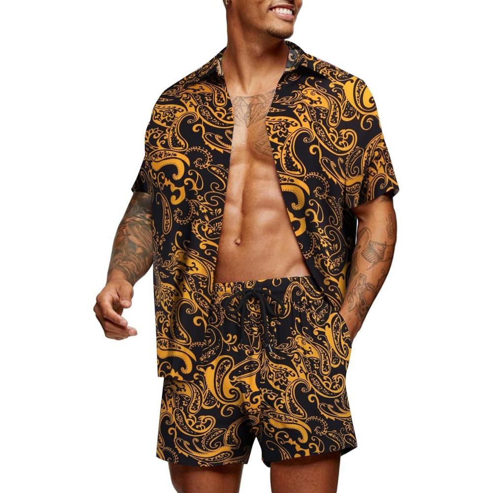 imageCOOFANDY Mens Hawaiian Matching Set Summer Beach 2 Piece Outfits Flower Button Down Shirts and Shorts Vacation OutfitsYellow Paisley