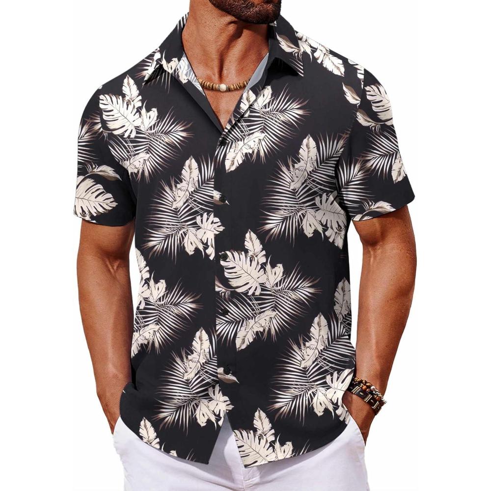 imageCOOFANDY Mens Hawaiian Shirt Short Sleeve Button Down Shirts Tropical Floral Summer Beach ShirtsBlack  Palm Leaf