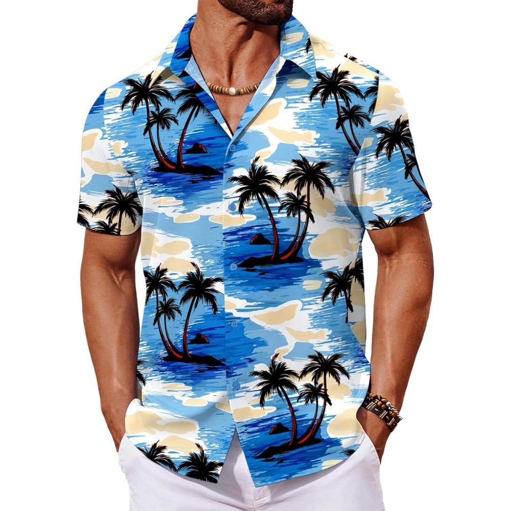 imageCOOFANDY Mens Hawaiian Shirt Short Sleeve Button Down Shirts Tropical Floral Summer Beach ShirtsBlue  Coconut Tree