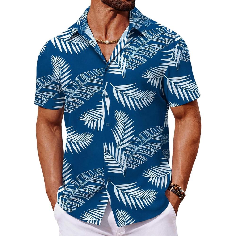 imageCOOFANDY Mens Hawaiian Shirt Short Sleeve Button Down Shirts Tropical Floral Summer Beach ShirtsBlue  Palm Leaf