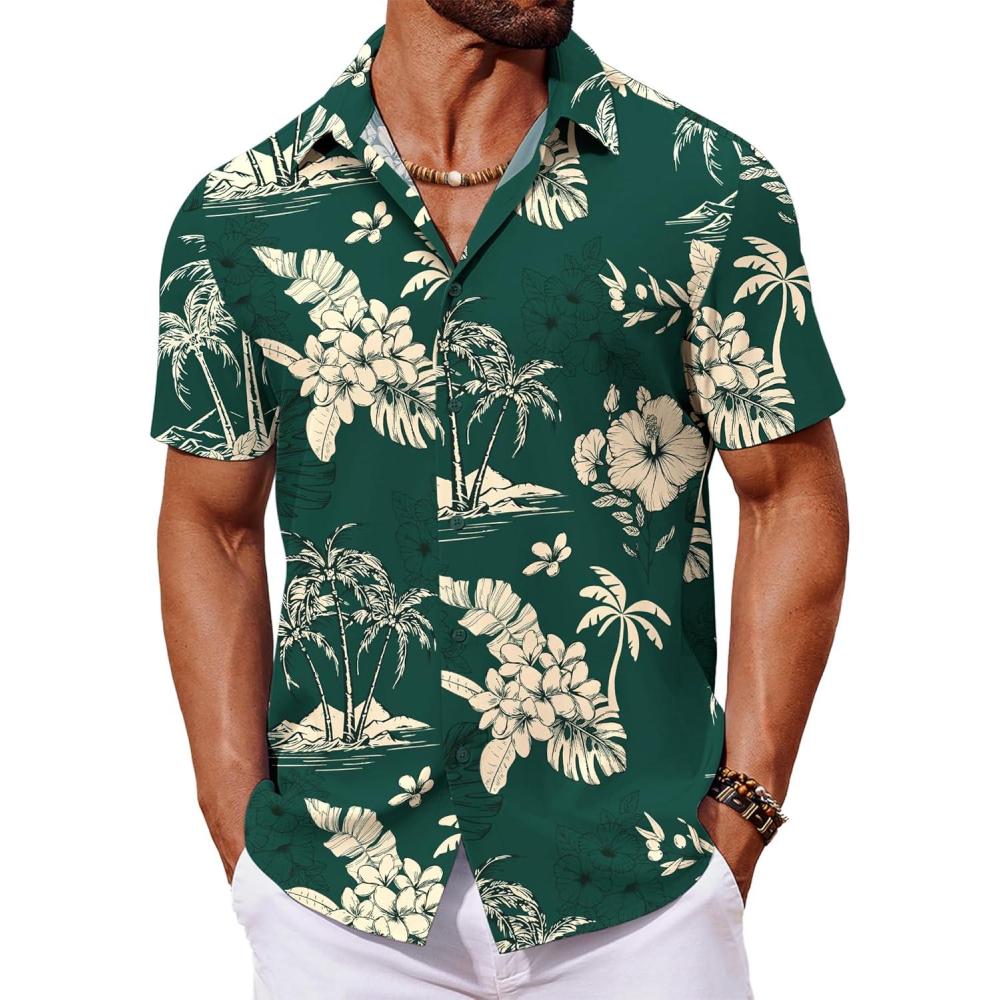 imageCOOFANDY Mens Hawaiian Shirt Short Sleeve Button Down Shirts Tropical Floral Summer Beach ShirtsGreen  Tropical Style