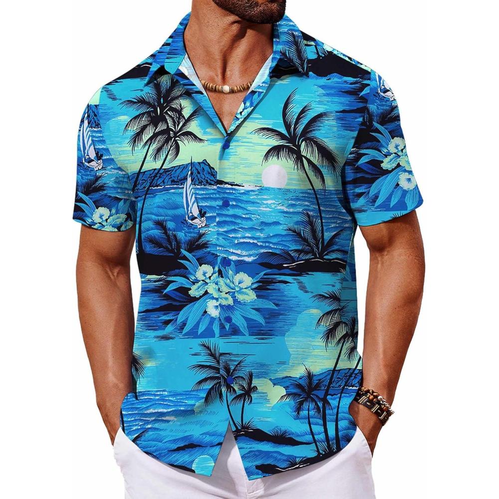 imageCOOFANDY Mens Hawaiian Shirt Short Sleeve Button Down Shirts Tropical Floral Summer Beach ShirtsLight Blue  Island Scenery