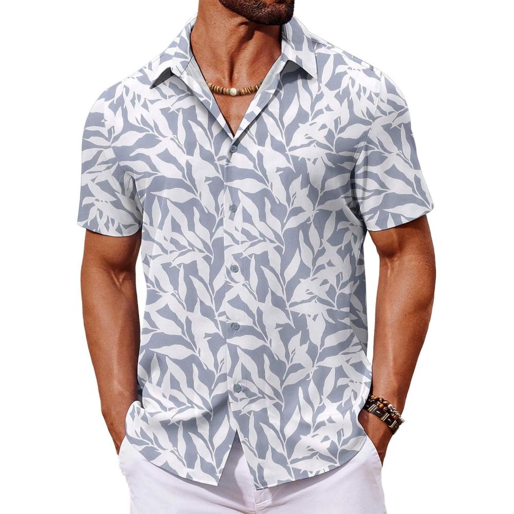 imageCOOFANDY Mens Hawaiian Shirt Short Sleeve Button Down Shirts Tropical Floral Summer Beach ShirtsLight Gray  Leaf