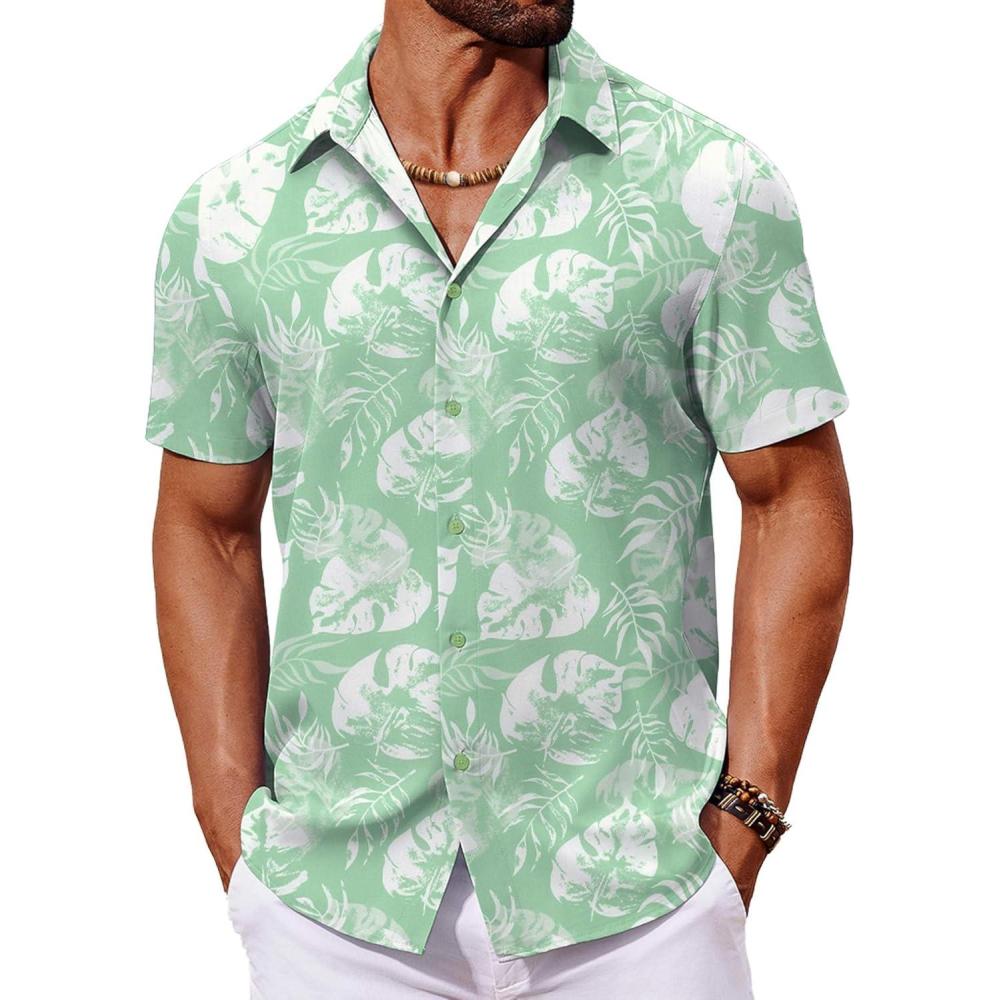 imageCOOFANDY Mens Hawaiian Shirt Short Sleeve Button Down Shirts Tropical Floral Summer Beach ShirtsLight Green  Graffiti Leaf