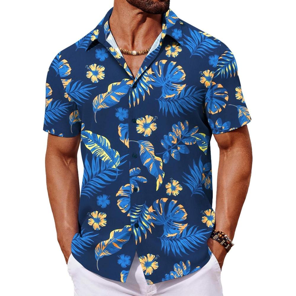 imageCOOFANDY Mens Hawaiian Shirt Short Sleeve Button Down Shirts Tropical Floral Summer Beach ShirtsNavy  Palm Leaf