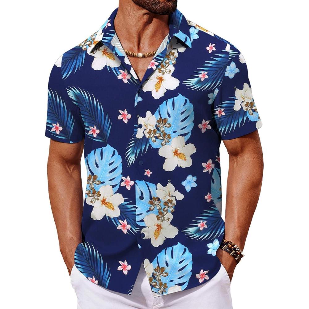imageCOOFANDY Mens Hawaiian Shirt Short Sleeve Button Down Shirts Tropical Floral Summer Beach ShirtsNavy  Plum Flower