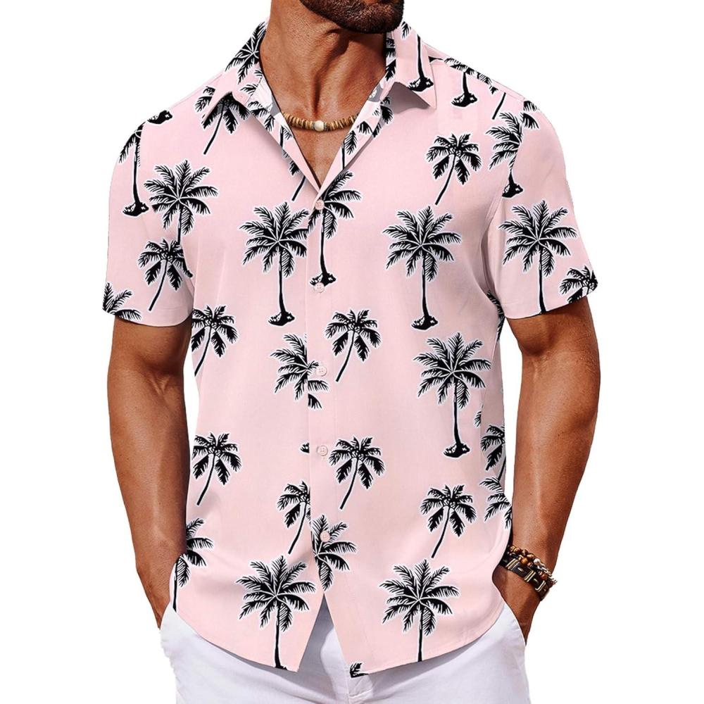 imageCOOFANDY Mens Hawaiian Shirt Short Sleeve Button Down Shirts Tropical Floral Summer Beach ShirtsPink  Coconut Tree