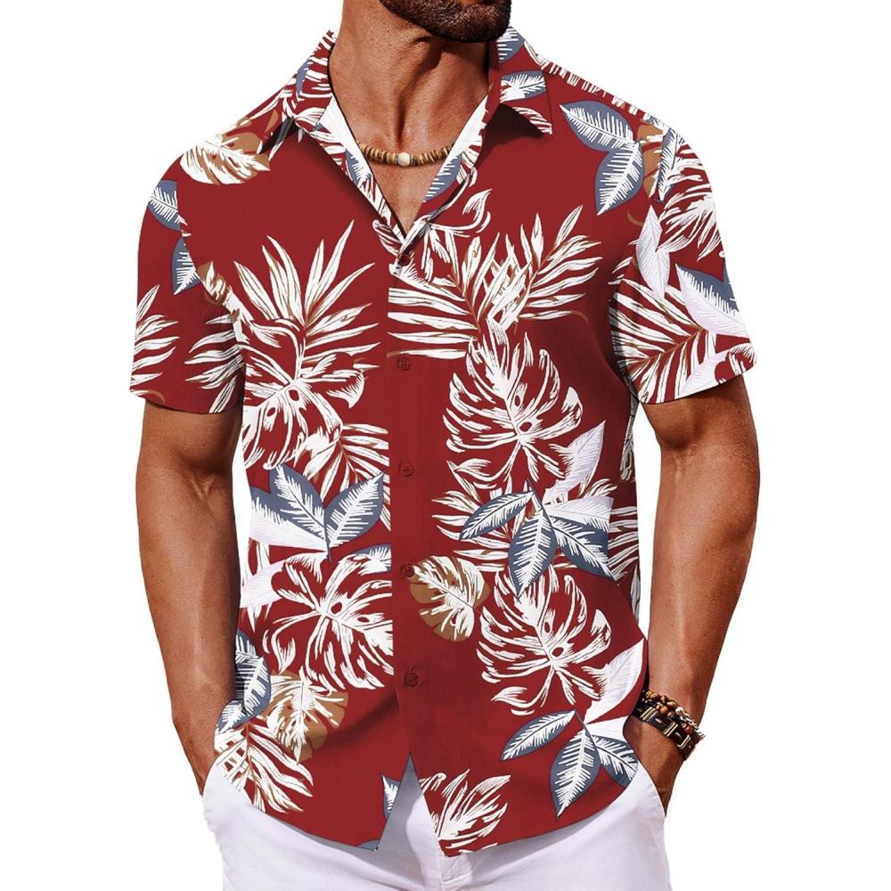 imageCOOFANDY Mens Hawaiian Shirt Short Sleeve Button Down Shirts Tropical Floral Summer Beach ShirtsRed  Tropical Leaf