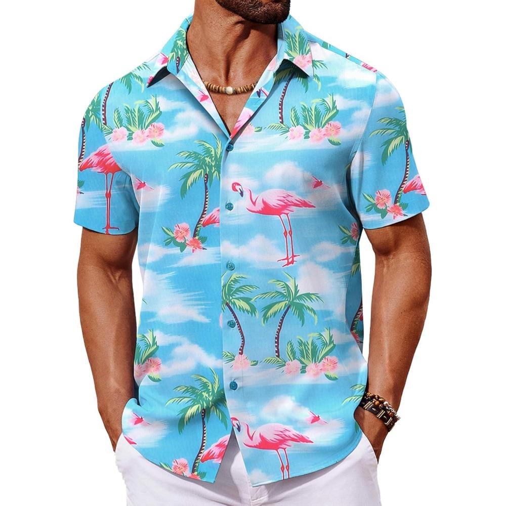 imageCOOFANDY Mens Hawaiian Shirt Short Sleeve Button Down Shirts Tropical Floral Summer Beach ShirtsSky Blue  Flamingo