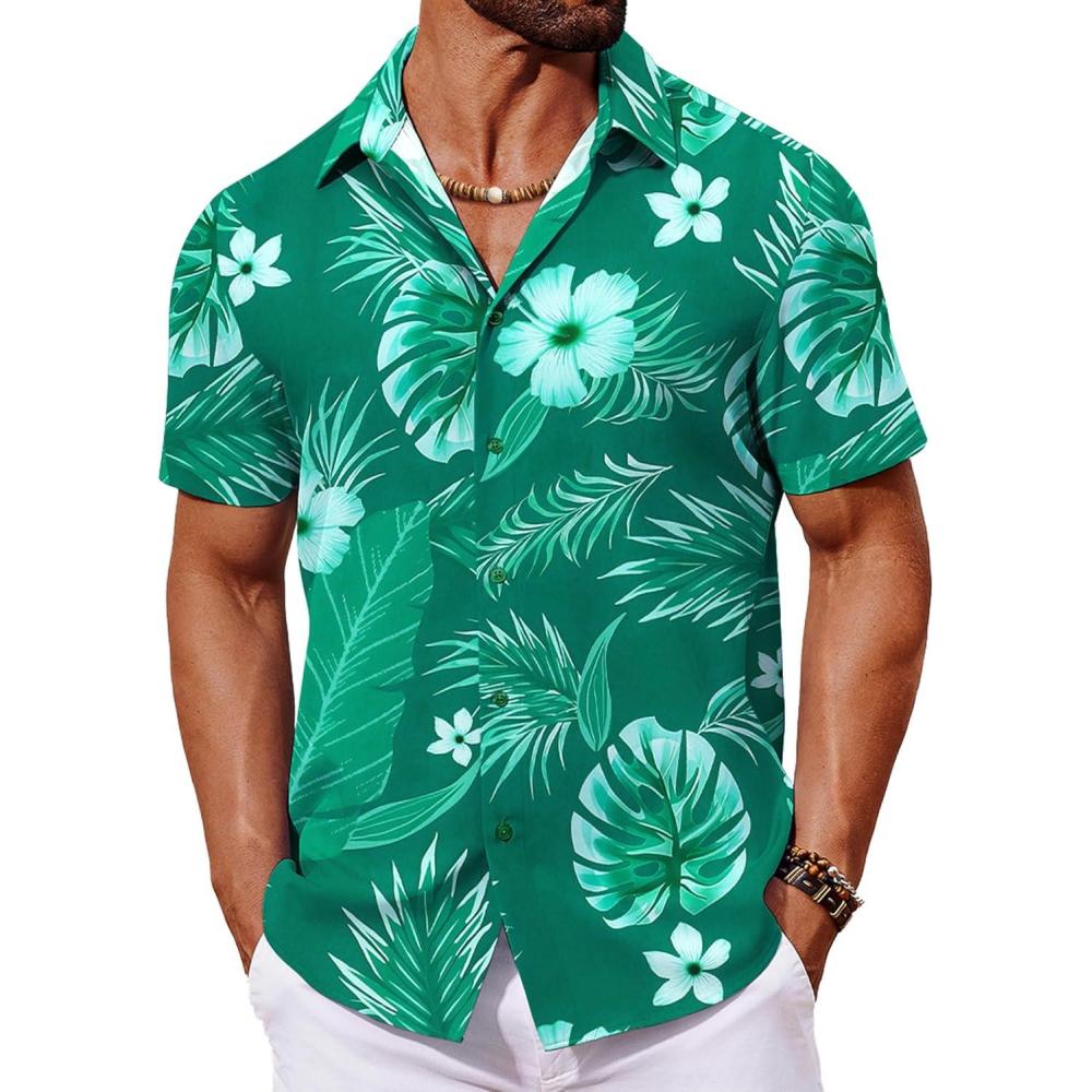 imageCOOFANDY Mens Hawaiian Shirt Short Sleeve Button Down Shirts Tropical Floral Summer Beach ShirtsTurquoise  Palm Leaf
