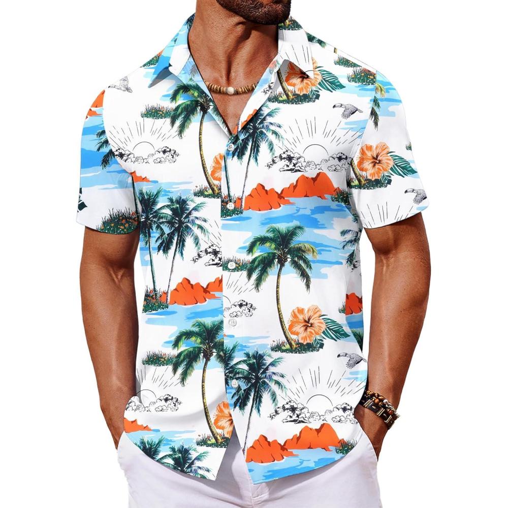 imageCOOFANDY Mens Hawaiian Shirt Short Sleeve Button Down Shirts Tropical Floral Summer Beach ShirtsWhite  Coconut Tree