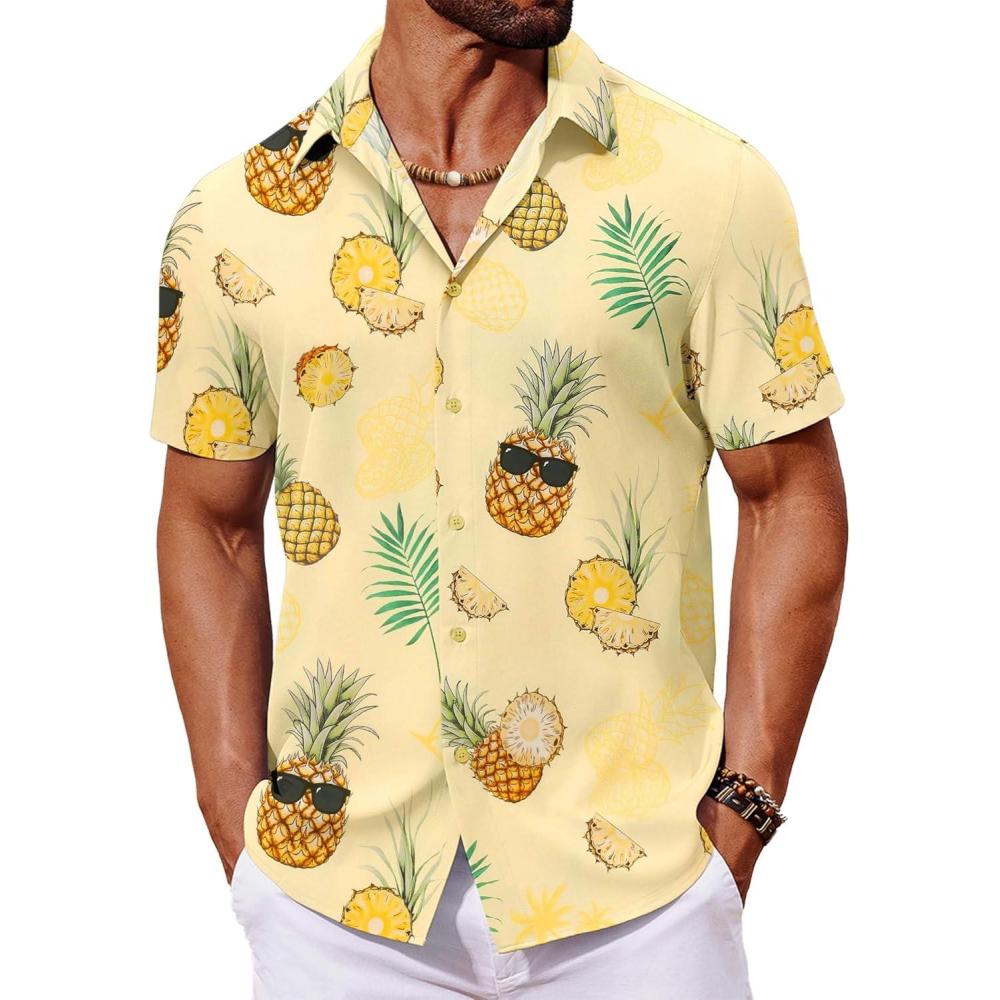 imageCOOFANDY Mens Hawaiian Shirt Short Sleeve Button Down Shirts Tropical Floral Summer Beach ShirtsYellow  Pineapple
