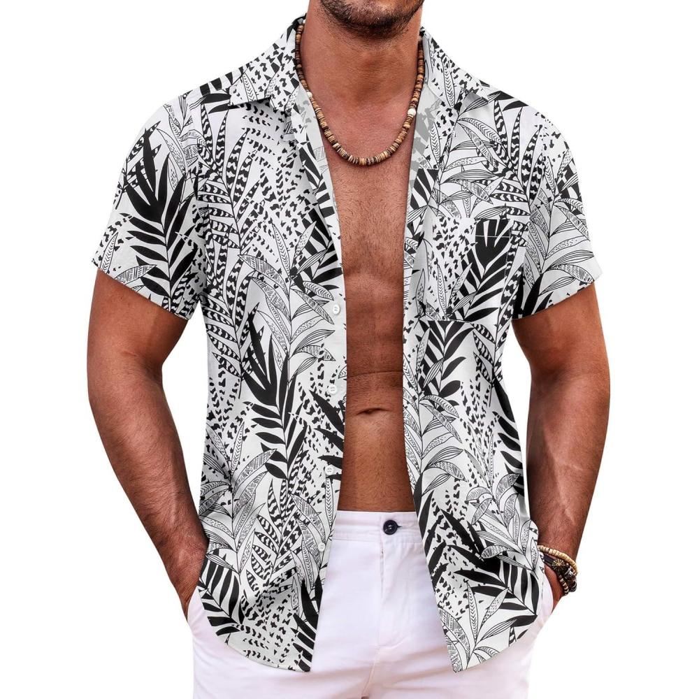 imageCOOFANDY Mens Hawaiian Shirt Short Sleeve Button Down Shirts Tropical Summer Beach Shirts Casual Floral Aloha ShirtsBlackwhite Leaves