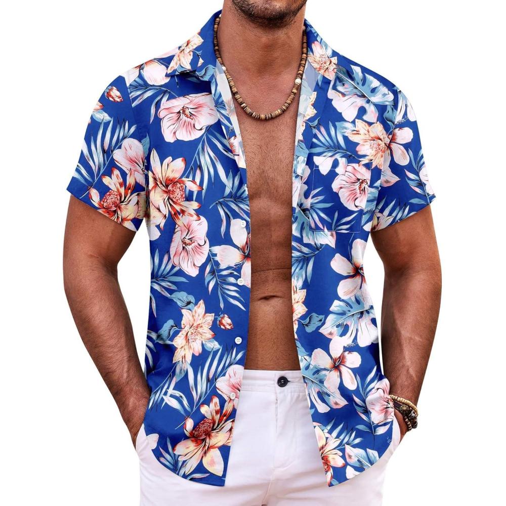 imageCOOFANDY Mens Hawaiian Shirt Short Sleeve Button Down Shirts Tropical Summer Beach Shirts Casual Floral Aloha ShirtsBlue Floral