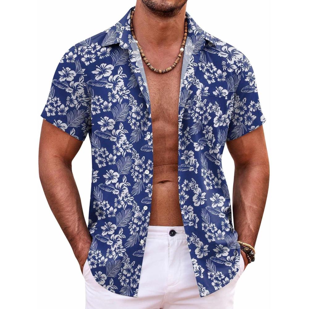 imageCOOFANDY Mens Hawaiian Shirt Short Sleeve Button Down Shirts Tropical Summer Beach Shirts Casual Floral Aloha ShirtsBlue White Flower