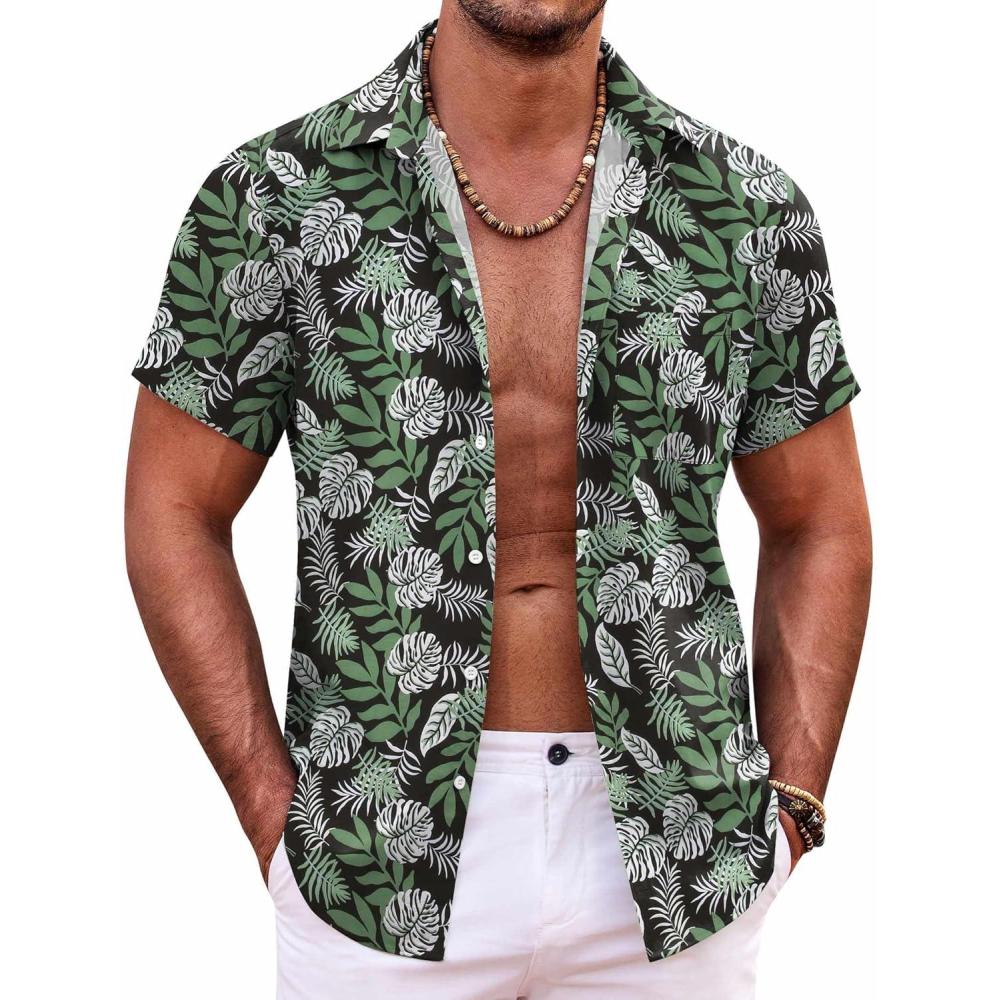 imageCOOFANDY Mens Hawaiian Shirt Short Sleeve Button Down Shirts Tropical Summer Beach Shirts Casual Floral Aloha ShirtsGreen Leaves