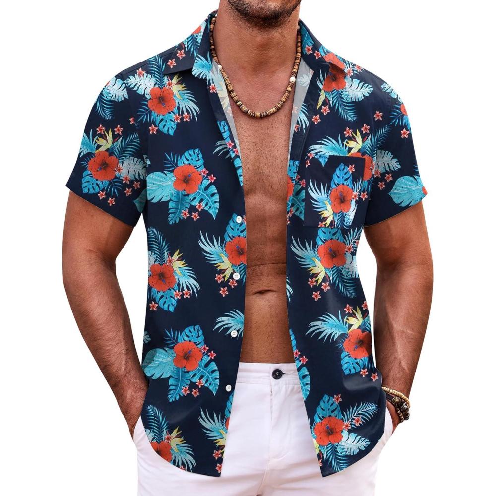 imageCOOFANDY Mens Hawaiian Shirt Short Sleeve Button Down Shirts Tropical Summer Beach Shirts Casual Floral Aloha ShirtsNavyred Flower