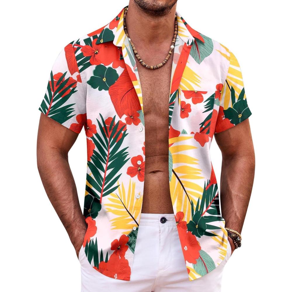 imageCOOFANDY Mens Hawaiian Shirt Short Sleeve Button Down Shirts Tropical Summer Beach Shirts Casual Floral Aloha ShirtsWhite Floralleaves