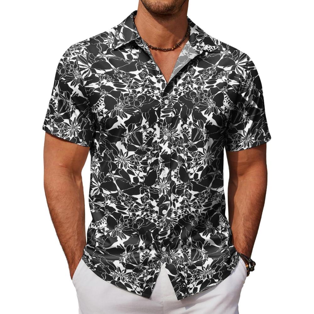 imageCOOFANDY Mens Hawaiian Shirts Short Sleeve Button Down Aloha Shirt Casual Beach ClothesA White Black Flower