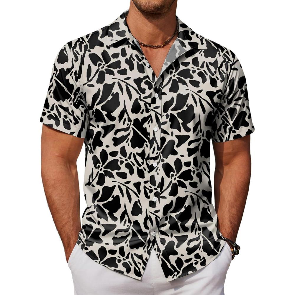 imageCOOFANDY Mens Hawaiian Shirts Short Sleeve Button Down Aloha Shirt Casual Beach ClothesBeige Black Flower