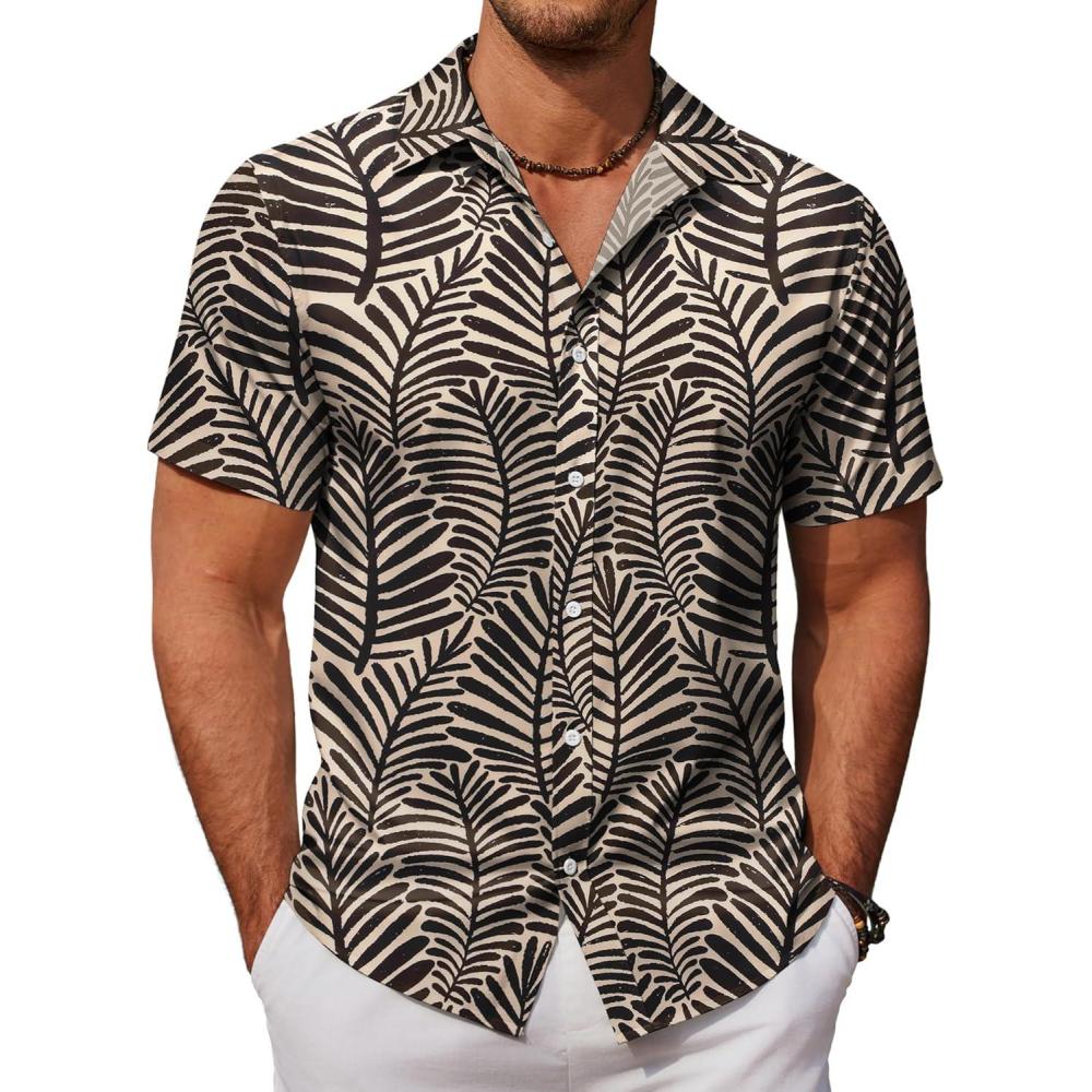imageCOOFANDY Mens Hawaiian Shirts Short Sleeve Button Down Aloha Shirt Casual Beach ClothesBeige Black Leaves