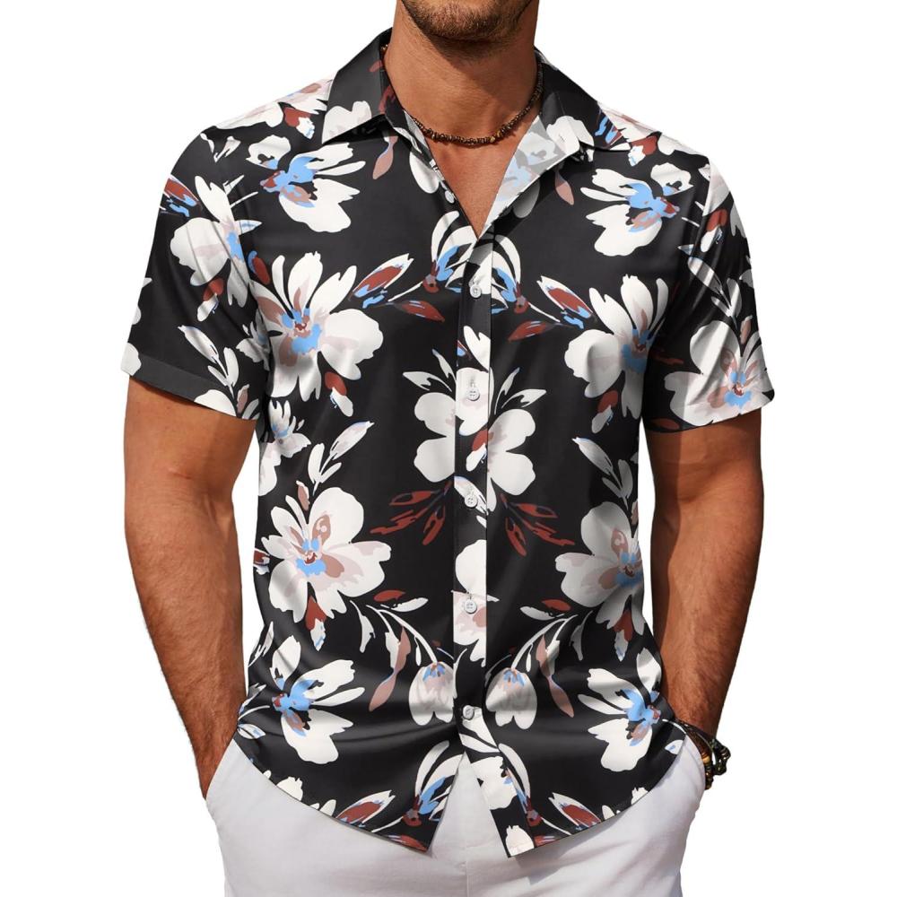 imageCOOFANDY Mens Hawaiian Shirts Short Sleeve Button Down Aloha Shirt Casual Beach ClothesBlack Beige Flower